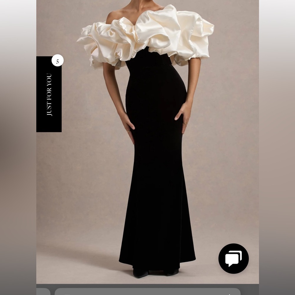 BLACK VELVET BARDOT MAXI DRESS WITH SATIN RUFFLE TRIM